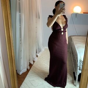 MESHKI Ezra Burgundy Plum Lace Lined Strappy Open Back Maxi Dress